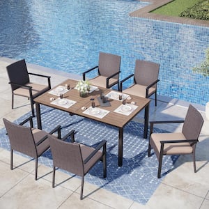 Black 7-Piece Metal Patio Outdoor Dining Set with Straight-Leg Rectangle Table and Rattan Chairs with Beige Cushion