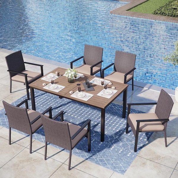 PHI VILLA Black 7-Piece Metal Patio Outdoor Dining Set with Straight-Leg Rectangle Table and Rattan Chairs with Beige Cushion