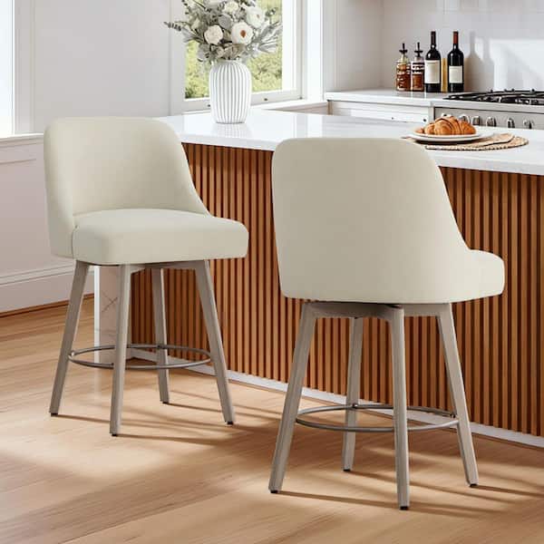 Alba 37.8 in. Khaki Fabric Wood Frame 360° Swivel Upholstered Counter Height Bar Stool with Weathered Finish (Set of 2)