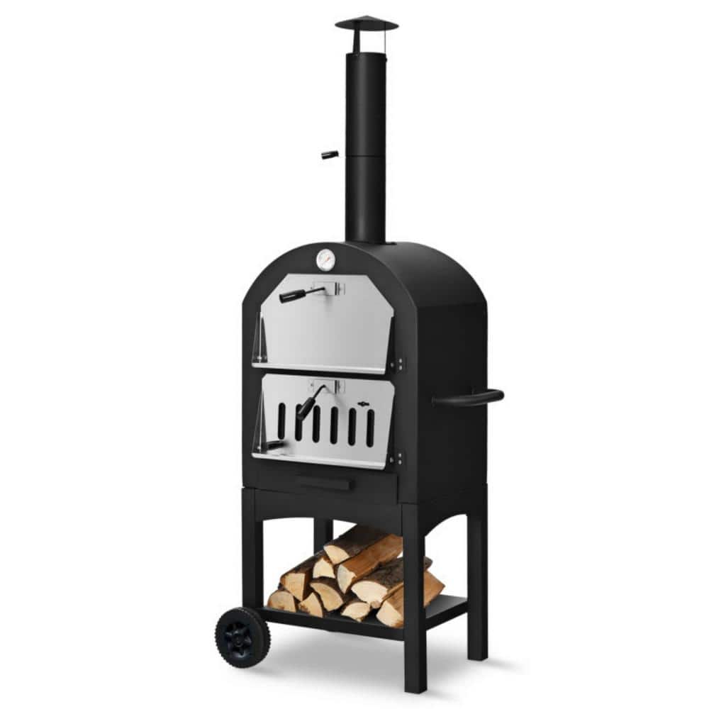 14.7 in. Wood Burning Portable Outdoor Pizza Oven Patio Pizza Maker Cooking Grill with 12 in. Pizza Stone, Peel&amp;Wheels