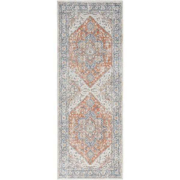 Lillian Sky Blue/Rust Medallion 3 ft. x 7 ft. Machine-Washable Indoor Runner Area Rug