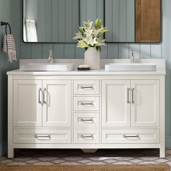 Bentworth 60 in. Double Semi-Recessed Sinks Warm White Bath Vanity with White Engineered Marble Top (Assembled)