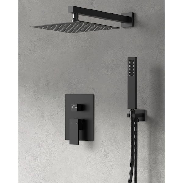GRANDJOY ClassicRain Square Wall Mount 10 in. Single Handle 2-Spray Shower Faucet 2.5 GPM with Pressure Balance in Matte Black