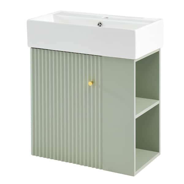 Lycvki 21.6 in. Floating Bath Vanity Cabinet in Green with White Ceramic Basin Top, Right Side Storage