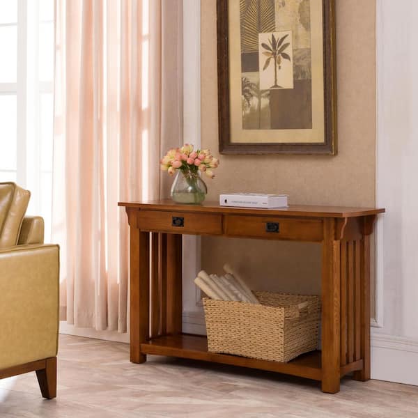 16 in. W Mission Impeccable 2-Drawer Hall Console Sofa Rectangle Table, Medium Oak, Wooden Top