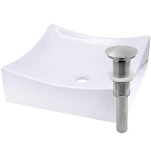 Modern White Porcelain Square Vessel Sink with Umbrella Drain in Brushed Nickel