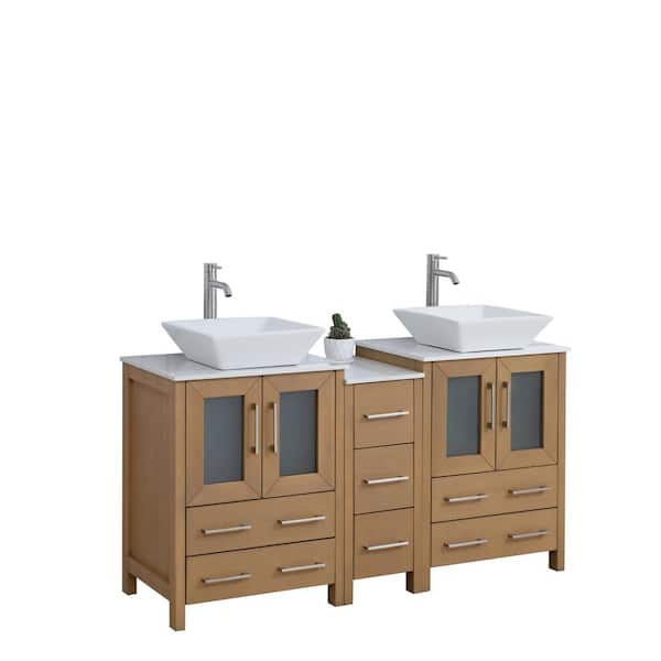 Vanity Art 60 in. W Double Basin Natural Oak Bath Vanity with White Engineered Marble Top and Mirror