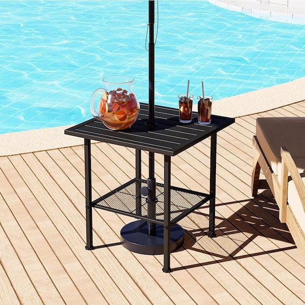 FUFU&GAGA 22 in. Metal Outdoor Side Table, Double Layers Dining Table With Umbrella Hole for Patio, Modern Waterproof End Table