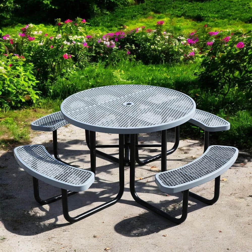 Outdoor 79 in. Thermoplastic Coated Round Steel Picnic Tables 8-Person with Umbrella Hole, Patio Dining Table, Gray price history on PriceWatchPro