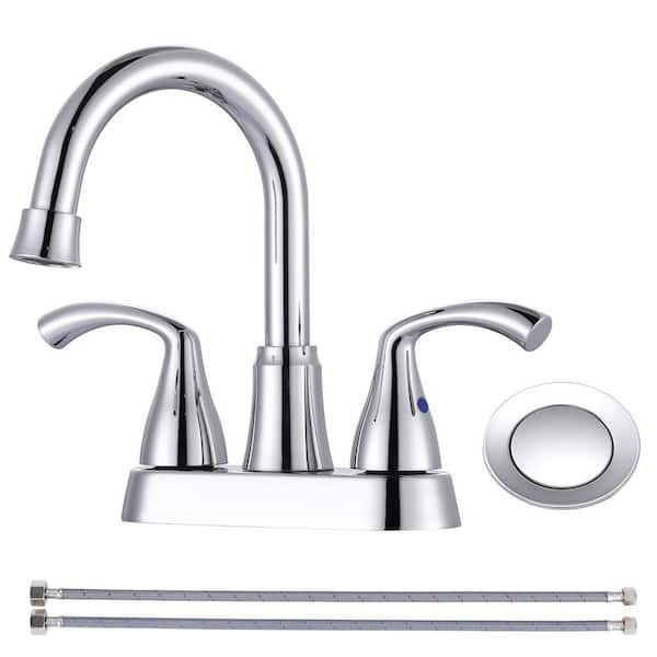 4 in. Centerset Stianless Steel Double Handle High Arc Bathroom Faucet with Drain Kit and Supply Line in Polished Chrome