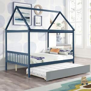 Funny Playhouse Series Blue Full Size House Bed Wood Platform Bed Frame with Roof, Wood Slat Support and Trundle