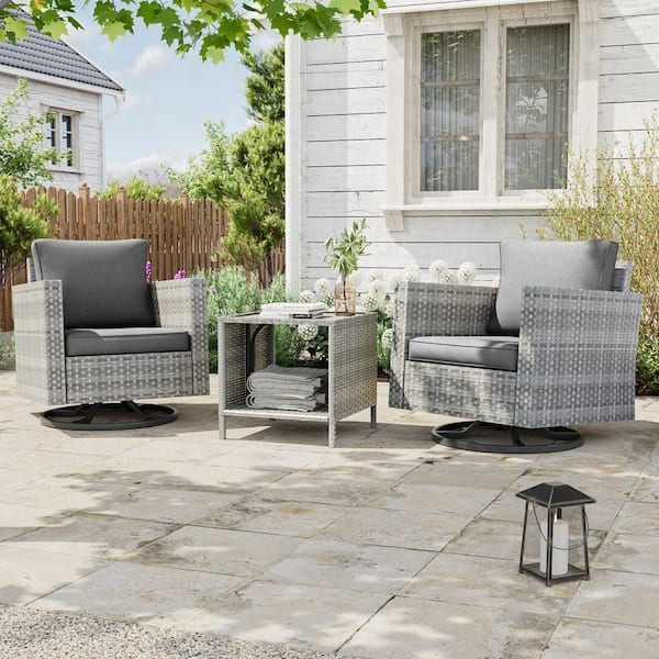 JOYESERY 3-Piece Gray Wicker Patio Bistro Set Swivel Rocking Chairs for Outdoor Occasions of Lawn, Gray