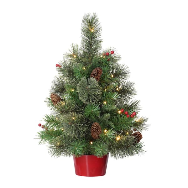 Puleo International Pre-Lit 2 ft. Table Top Artificial Christmas Tree with 35-Lights in Red Base, Green