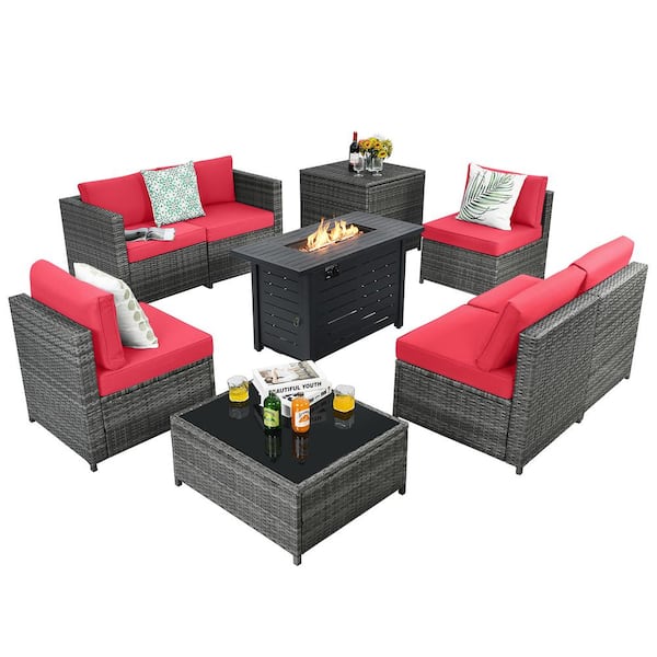 HONEY JOY 9-Pieces Rattan Dinning Set Wicker Patio Conversation Set w/60000 BTU Propane Fire Pit and Red Cushions