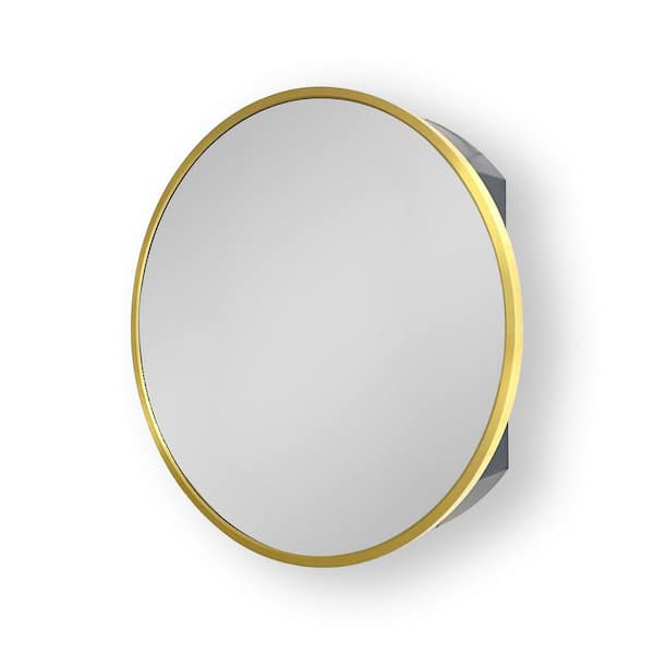 WELLFOR 28 in. W x 28 in. H Round Iron Gold Medicine Cabinet with Mirror, Reversible Installation