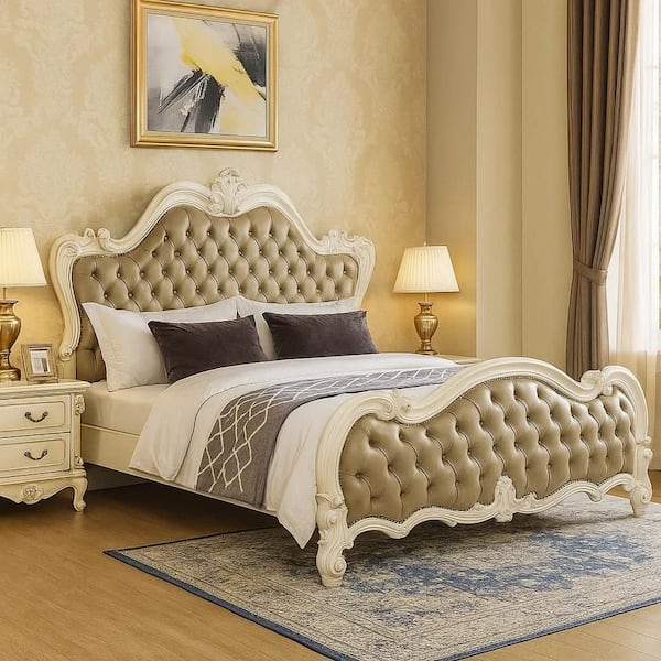 Sicily Classic White Carved Wood Frame King Size Panel Bed with Gray Faux Leather Tufted Panel