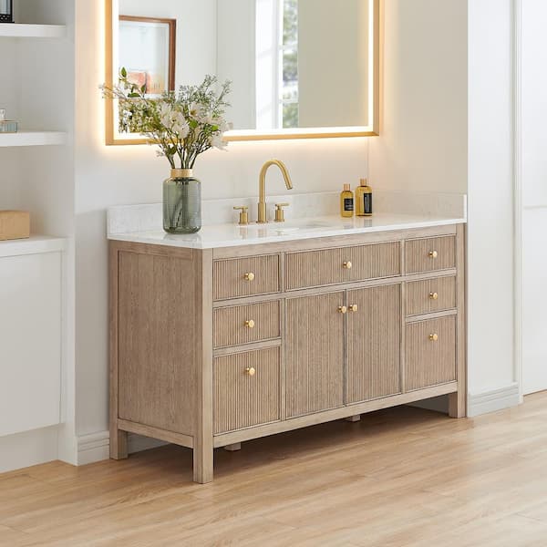 Cerrito 60 in. Single Sink Freestanding Nature Oak Bath Vanity with Grain White Engineered Stone Top Assembled