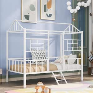 White Metal Twin Size House Platform Bed with Mini Ladder, Full-Length Guardrails and Slats Support