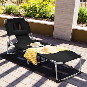 Outdoor Black Fabric Portable Beach Chaise Lounge Chair Folding Reclining Chair with Facing Hole