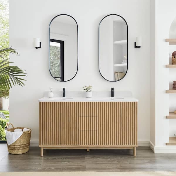 ROSWELL Seoul 60 in. W x 22 in. D x 33.8 in. H Double Bath Vanity in Washed Ash Grey with White Grain Stone Top