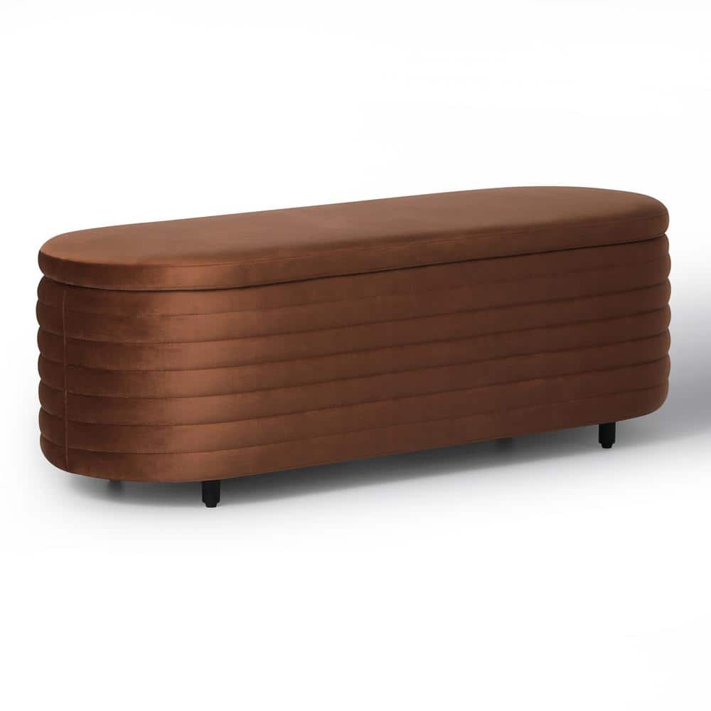 Farrah 54 in. Wide Oval Velvet Upholstered Entryway Flip Top Storage Bedroom Accent Bench in Brown price history on PriceWatchPro