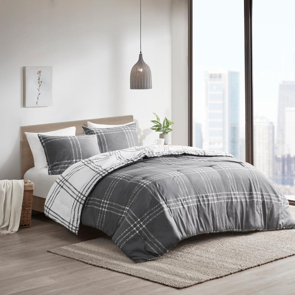 Twin XL White and Gray Microfiber Reversible Comforter Set