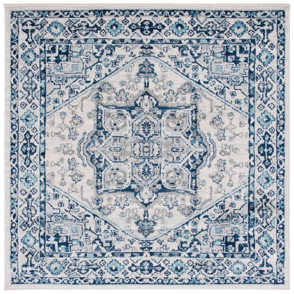 Tulum 7 ft. x 7 ft. Ivory/Blue Medallion Ornate Border Square Area Rug