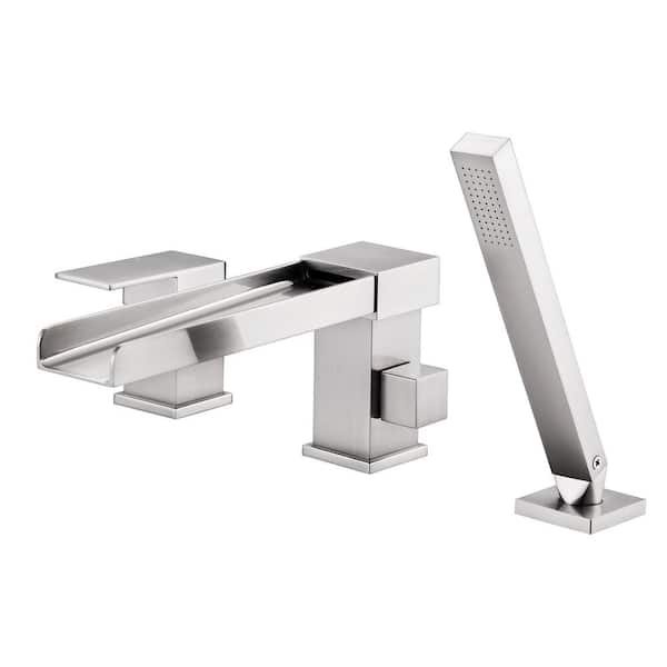 WOWOW Waterfall Single-Handle Deck-Mount Roman Tub Faucet with Hand Shower in Brushed Nickel