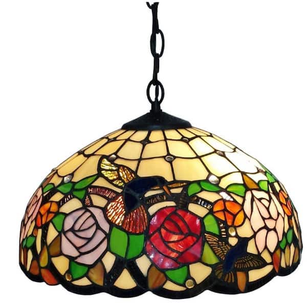 Amora Lighting Tiffany Style 16 in. Wide 2-Light Hummingbirds Floral Hanging Pendant Lamp