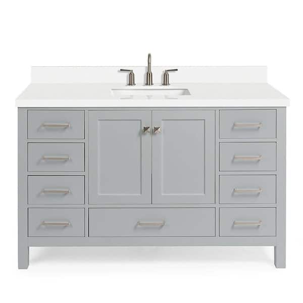 Cambridge 54 in. Single Sink Freestanding Bathroom Vanity in Gray with Pure White Quartz Top
