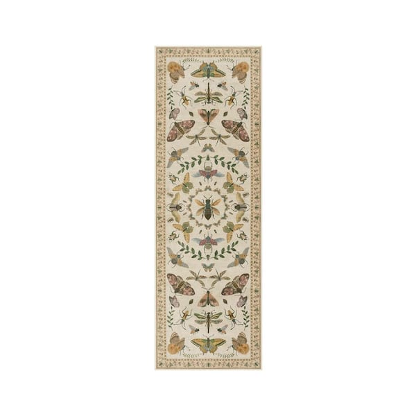 2 ft. x 6 ft. Beige Vintage Animal Insect Moth Washable Non Slip Entryway Kitchen Area Rug
