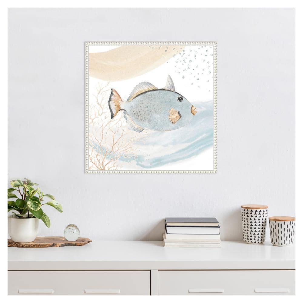 Ocean Oasis Waves Blue Fish Canvas Wall Art with White Frame