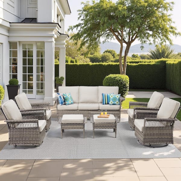 7-Piece Wicker Outdoor Patio Conversation Set with Beige Cushions