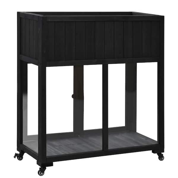 17.7 in. W x 37.4 in. H Black Fir Wood Potting Table, Compact 2 Doors Garden Greenhouse with Wheels