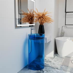 Iridescent 17.7 in. Transparent Solid Surface Composite Pedestal Sink and Basin Combo in Blue Sky (Drain Not Include)
