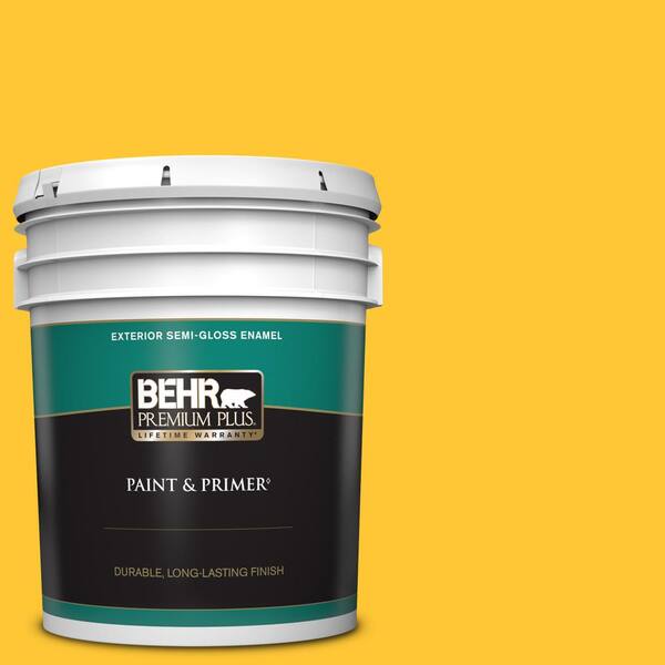 BEHR PREMIUM PLUS 5 gal. #330B-7 Sunflower Semi-Gloss Enamel Exterior Paint & Primer