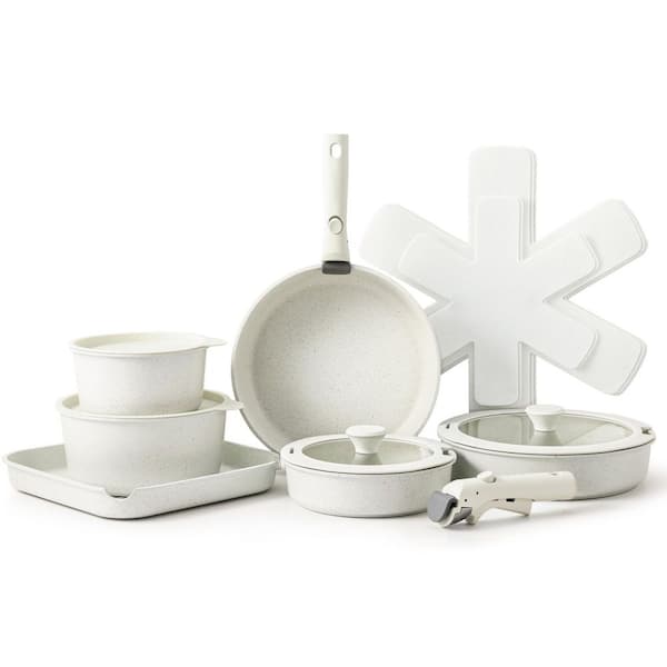 17 Piece White Granite Aluminum Nonstick Microwaveable Cookware Set with Removable Handles Induction Pots and Pans