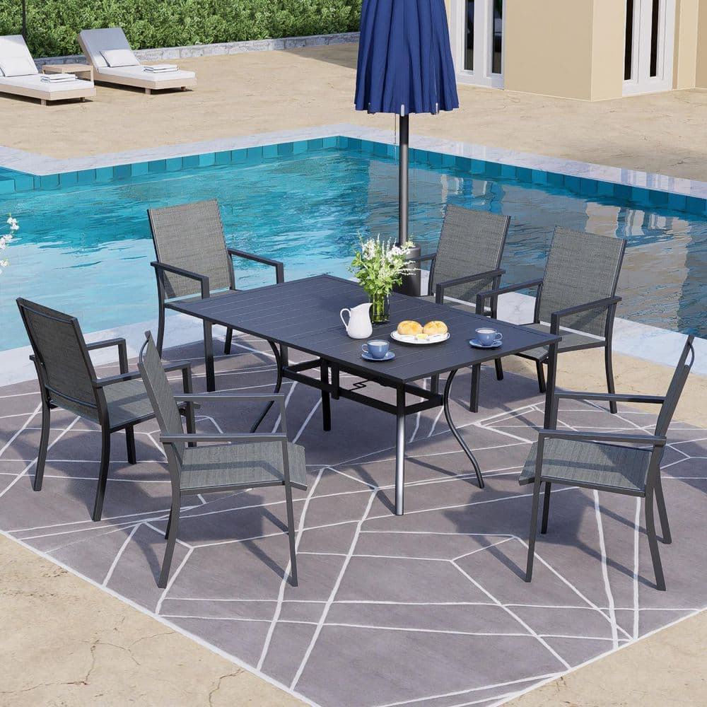 7-Piece Metal Rectangular Patio Dining Set-Brown