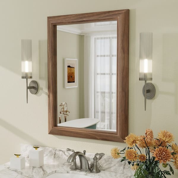 20 in. W x 28 in. H Rectangular Aluminum Alloy Framed and Tempered Glass Wall Bathroom Vanity Mirror in Dark Brown Wood