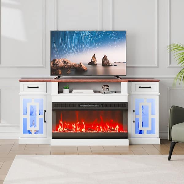 80 in. Fireplace TV Stand, Media Storage Corner with 36 in. Fireplace, Storage Drawers , Brown and White fit 45-80 in.