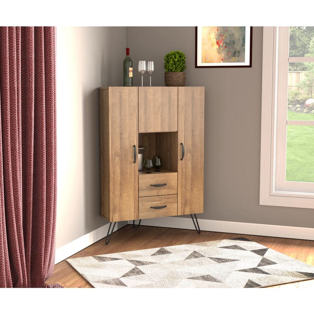 Amaretto Mid-Century Corner Buffet Cabinet with Black Handles