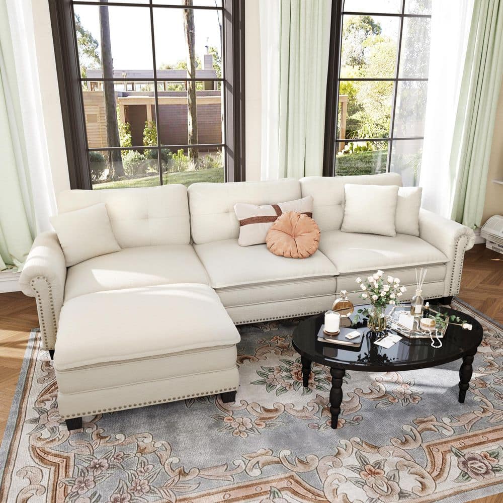 116.14 in. Roll Arm 4-Seat L-Shaped Chenille Modular Sectional Sofa in. Beige with Throw Pillows and Ottoman price history on PriceWatchPro