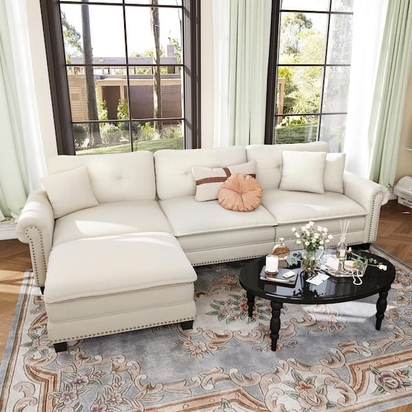 116.14 in. Roll Arm 4-Seat L-Shaped Chenille Modular Sectional Sofa in. Beige with Throw Pillows and Ottoman