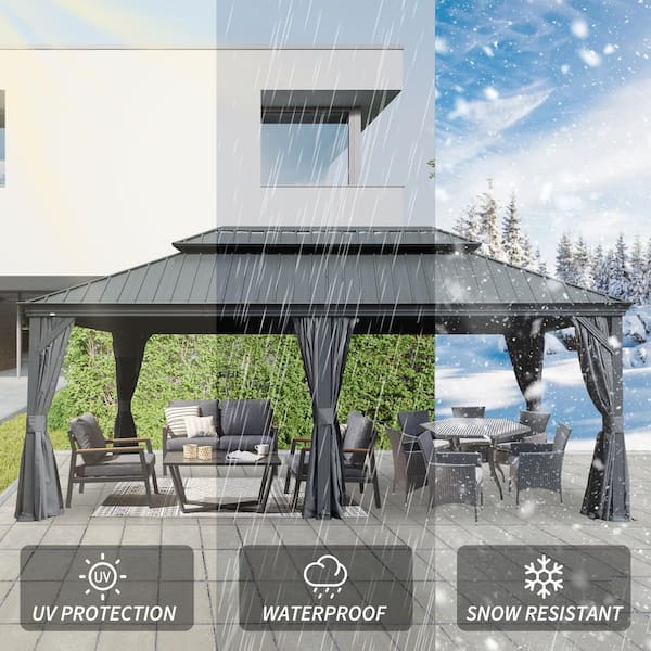 12 ft. x 20 ft. Metal Outdoor Hardtop Gazebo with Galvanized Steel Double Roof, Drainage Gutters, Curtains, Netting