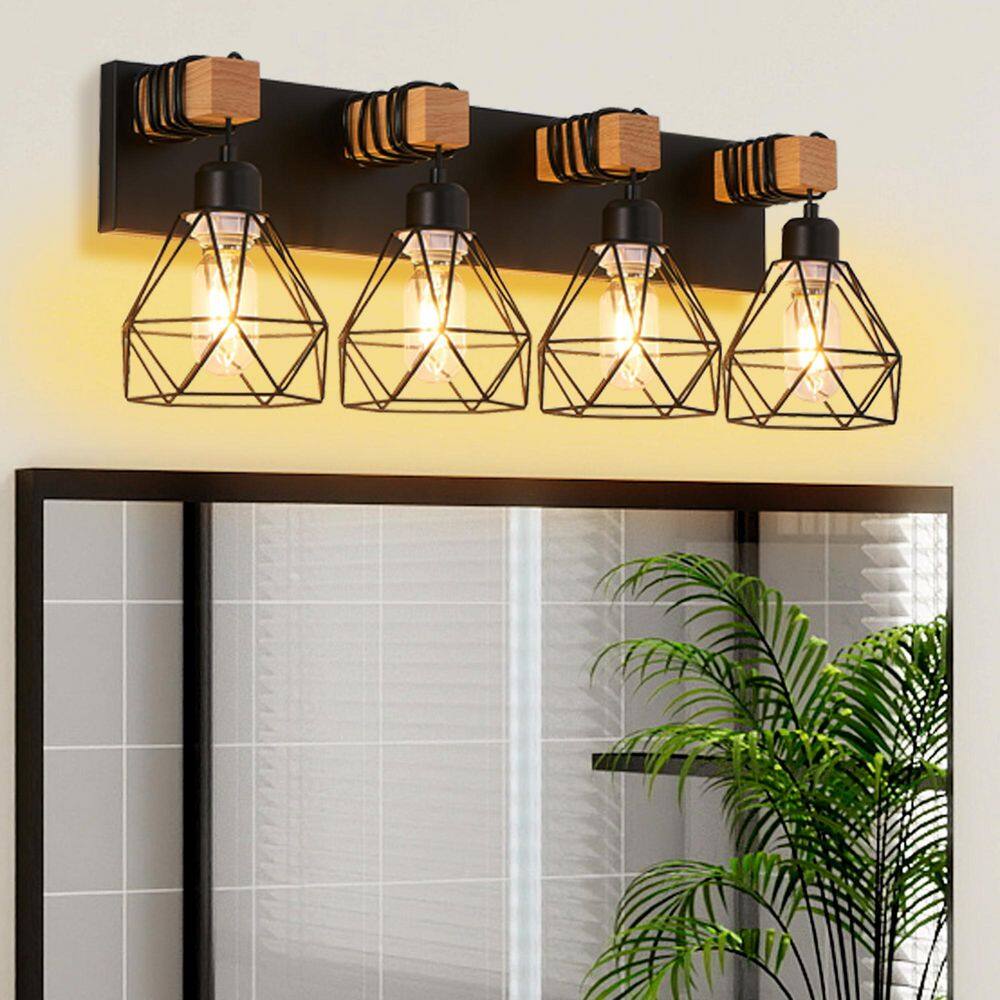 24 in. 4-Light Black Vanity Lights, Wall Sconces with Geometric Cage Lampshade and Wooden Accents, Bulbs Not Included price history on PriceWatchPro