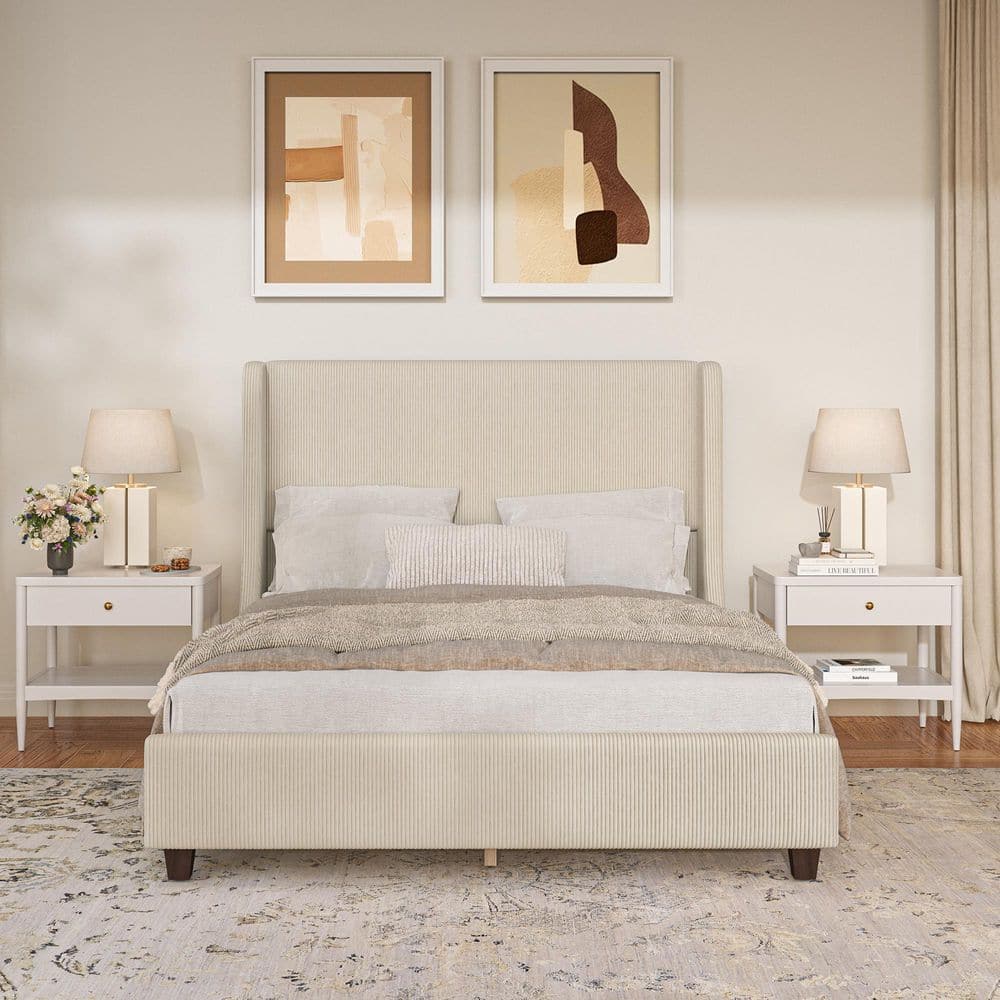 51 in. Light Khaki Brown Legs Solid Wood Frame Queen Size Platform Bed Corduroy Upholstered Bed Frame with Headboard price history on PriceWatchPro