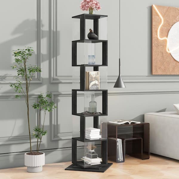 74.8 in. Tall Black Particle Board 6-Shelf Rotating Etagere Bookcase with Acrylic Plate and Anti-toppling Base SY-BK0114