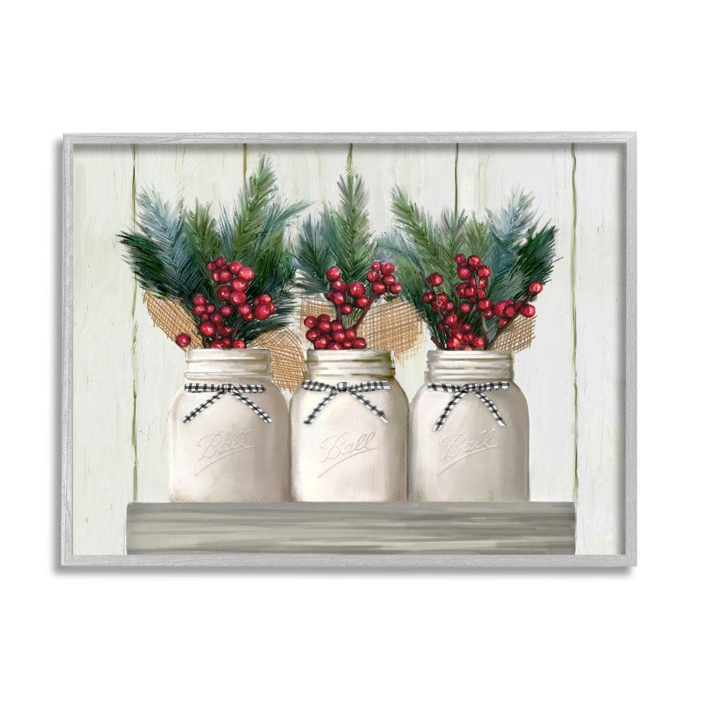 Stupell Industries White Country Jars with Christmas Berry Bouquets by Ziwei Li Framed Country Wall Art Print 24 in. x 30 in., Beige -  ac-387_gff24x30