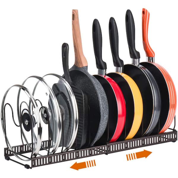 Pots and Pans Organizer Rack for Cabinet or Countertop, Brown, 10 Adjustable Compartments