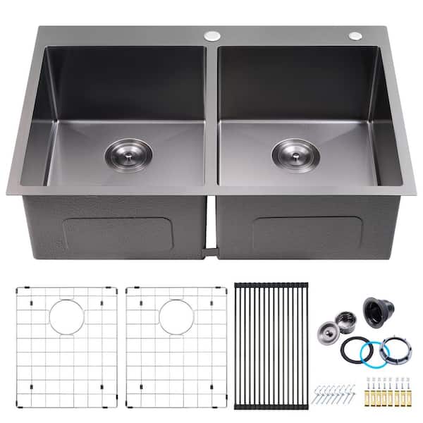 33 in. Drop-In/Undermount Double Bowl 16 Gauge Gunmetal Black 304 Stainless Steel Kitchen Sink with Accessories